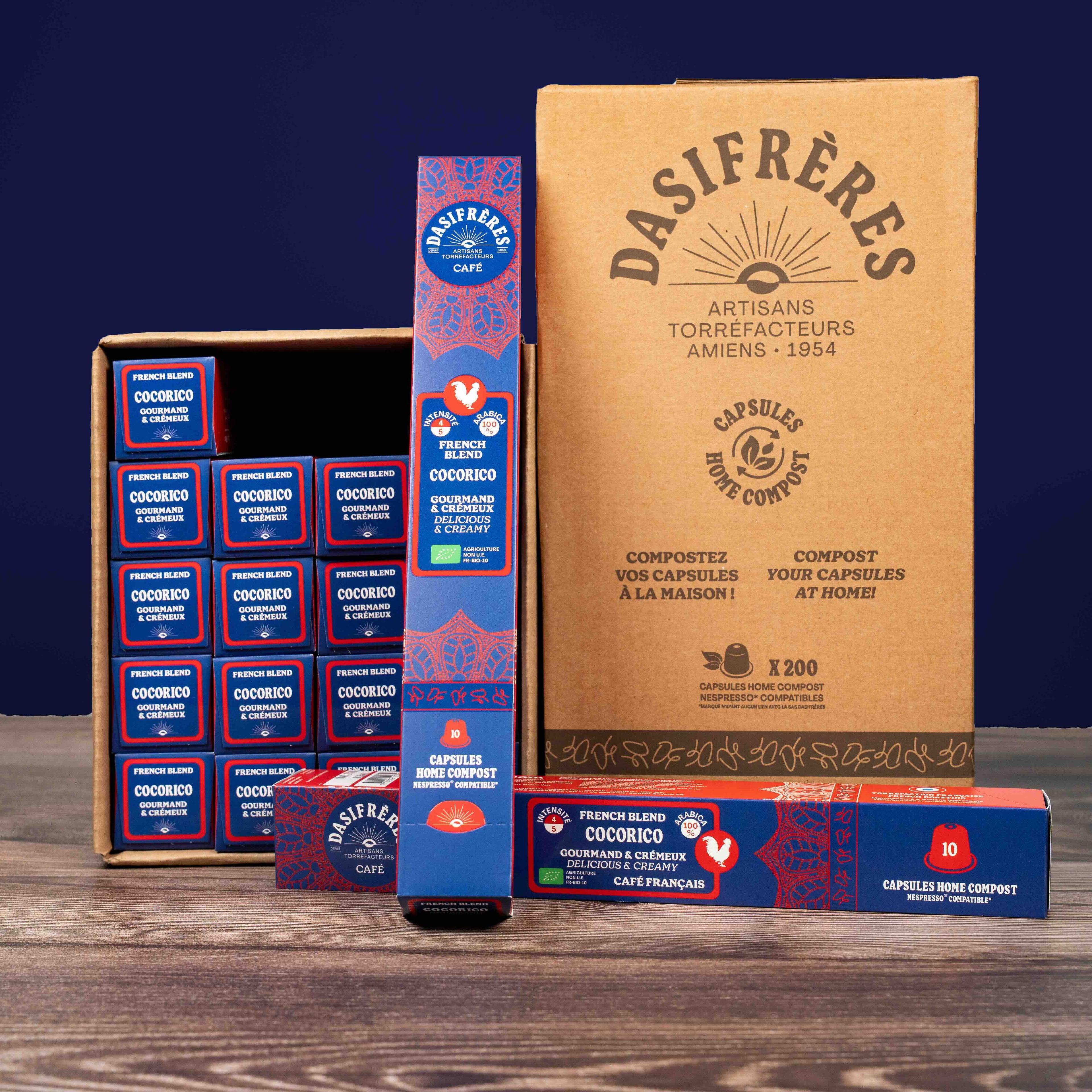 Café carton capsules Cocorico Frend blend café français bio notes gourmandes et crémeuses 100% Arabica capsules home compost comptatibles Nespresso® carton de 200 capsules