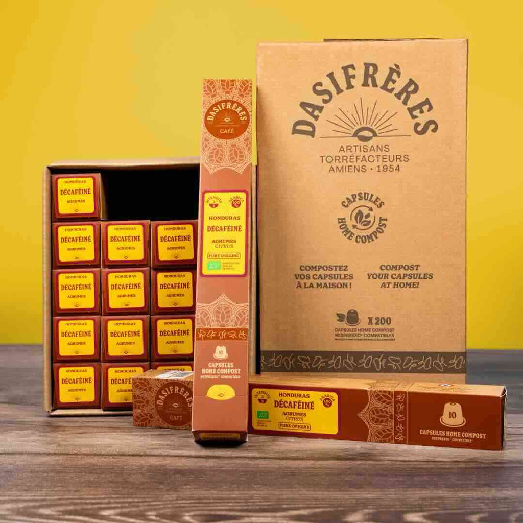 café carton capsules Décaféiné Honduras bio agrumes 100% Arabica pure origine capsules compatibles Nespresso® home compost carton de 200 capsules