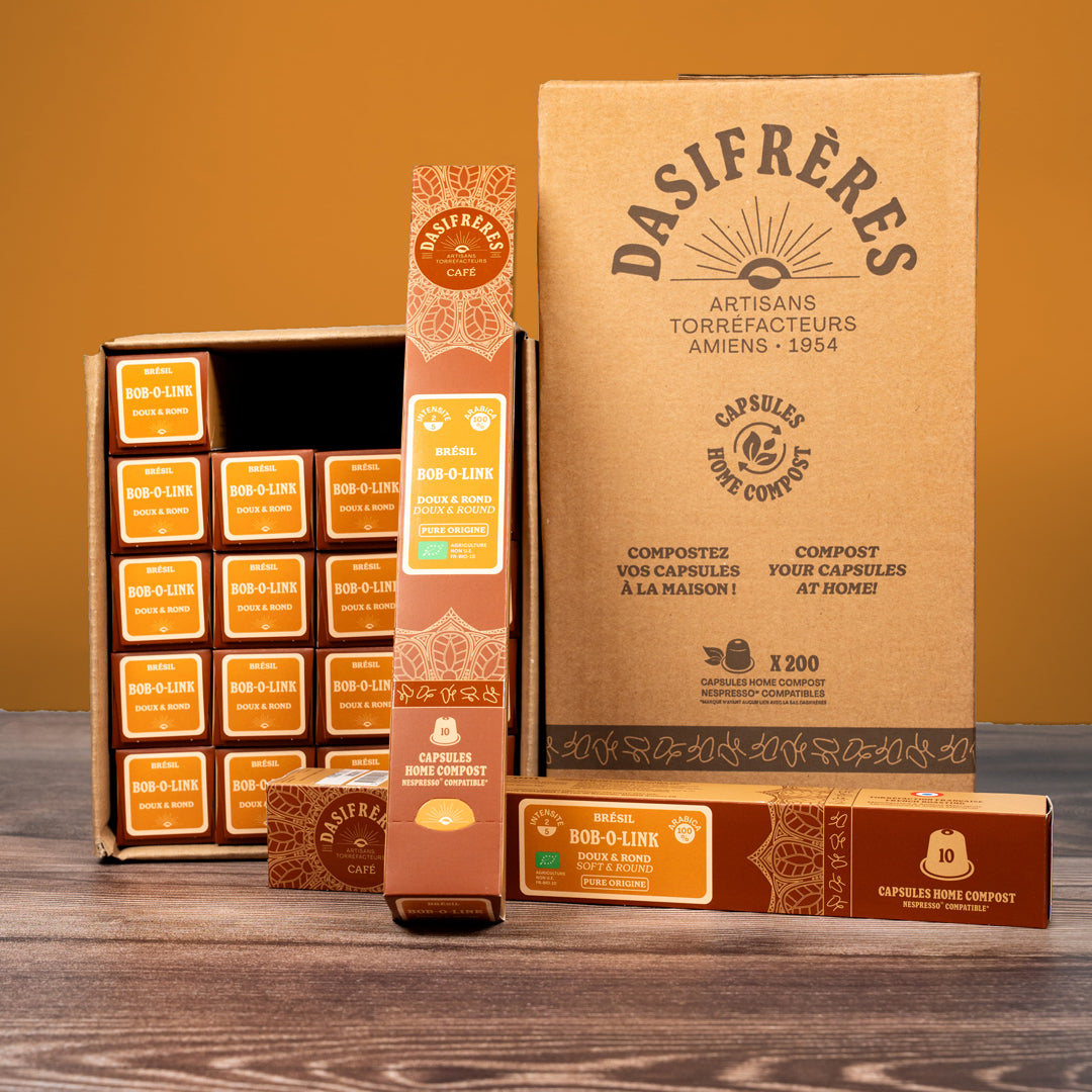 Café carton capsules Bob-O-Link Brésil doux et rond bio pure origine 100% Arabica capsules compatibles Nespresso® home compost carton de 200 capsules