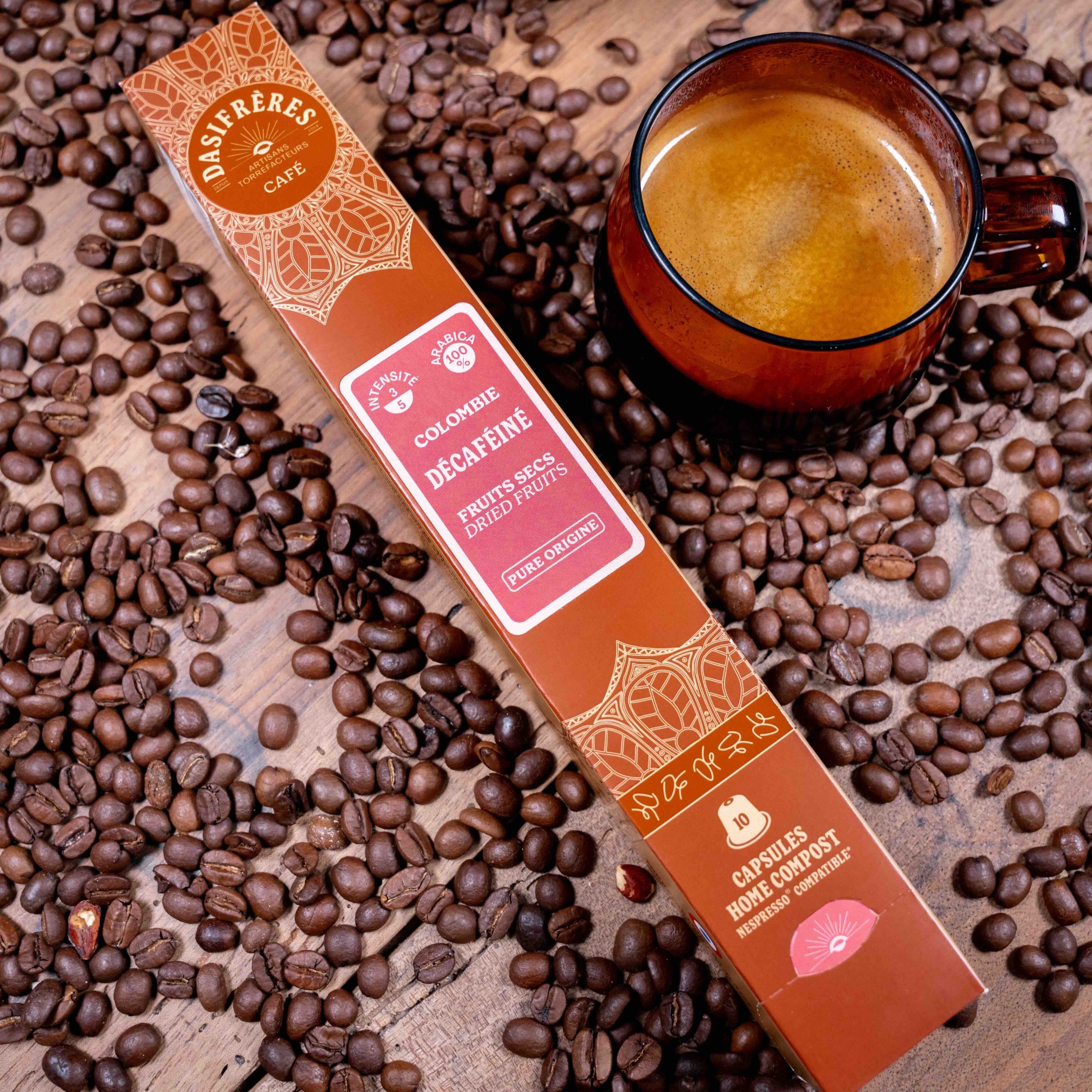 café capsules Décaféiné Colombie fruits secs pure origine 100% Arabica capsules compatibles Nespresso® home compost boîte de 10 capsules
