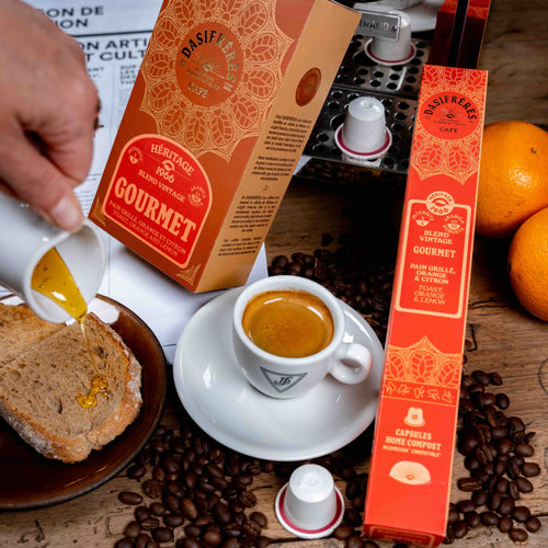 Café capsules gourmet blend vintage pain grillé orange et citron capsules compatibles Nespresso® capsules home compost boîte de 10 capsules