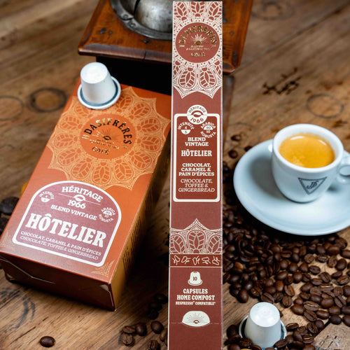 Café capsules Hôtelier blend vintage héritage 1966 chocolat caramel et pain d'épices capsules compatibles Nespresso® home compost boîte de 10 capsules