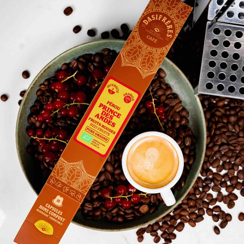 café capsules Prince des Andes Pérou bio pure origine fruits rouges 100% Arabica capsules compatibles Nespresso® home compost boîte de 10 capsules