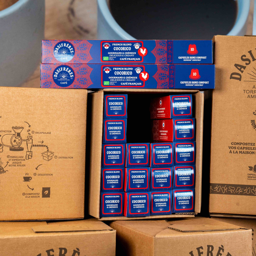 Café carton capsules Cocorico Frend blend café français bio notes gourmandes et crémeuses 100% Arabica capsules home compost comptatibles Nespresso® carton de 200 capsules