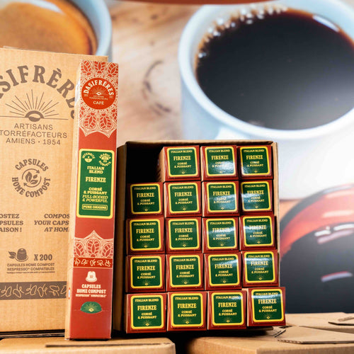 Café carton capsules Firenze Italian Blend Assemblage corsé et puissant capsules compatibles Nespresso® home-compost carton de 200 capsules