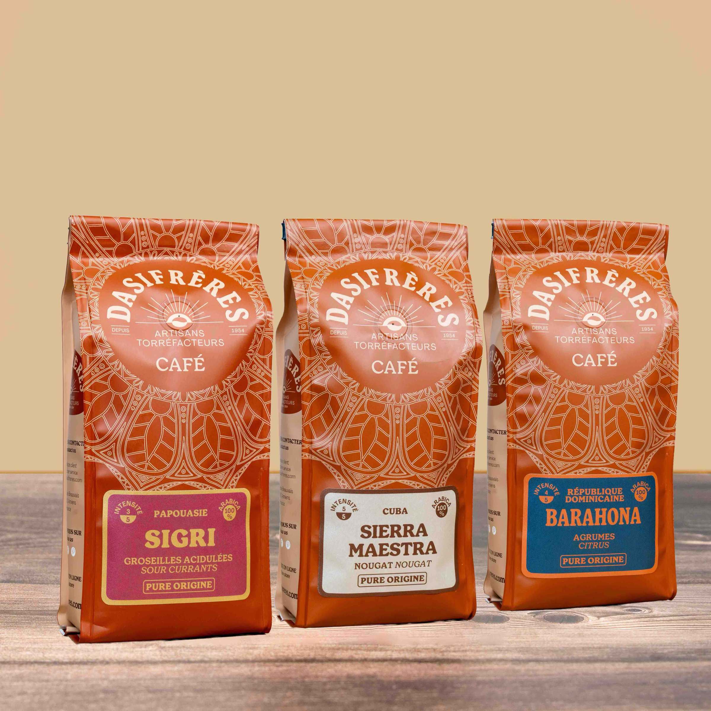 Assortiment cafés grains d'îles Sigri Sierra Maestra Barahona pure origine 100% Arabica 250g