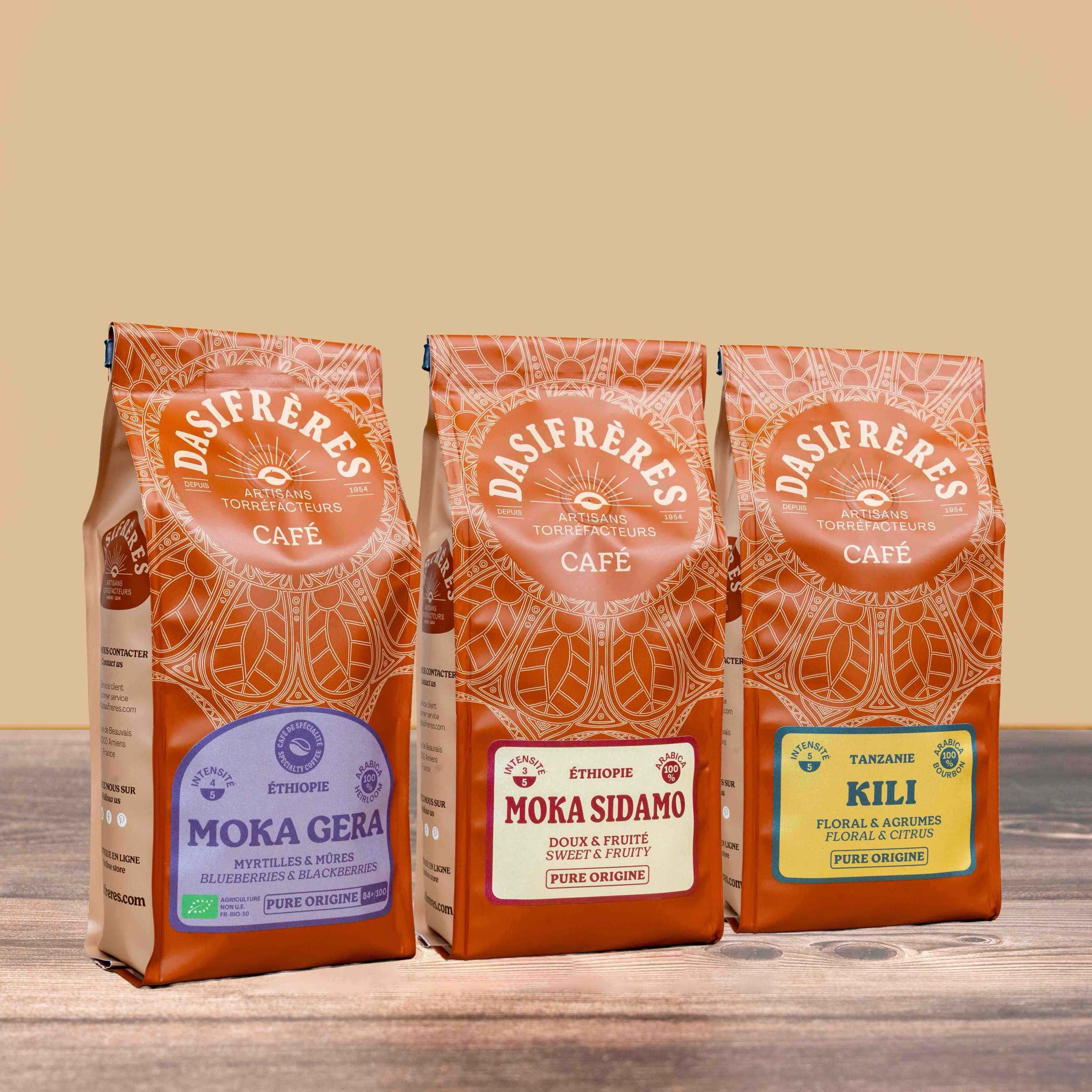 Assortiment café grains d'Afrique pure origine Moka Gera Moka Sidamo Kili pure origine