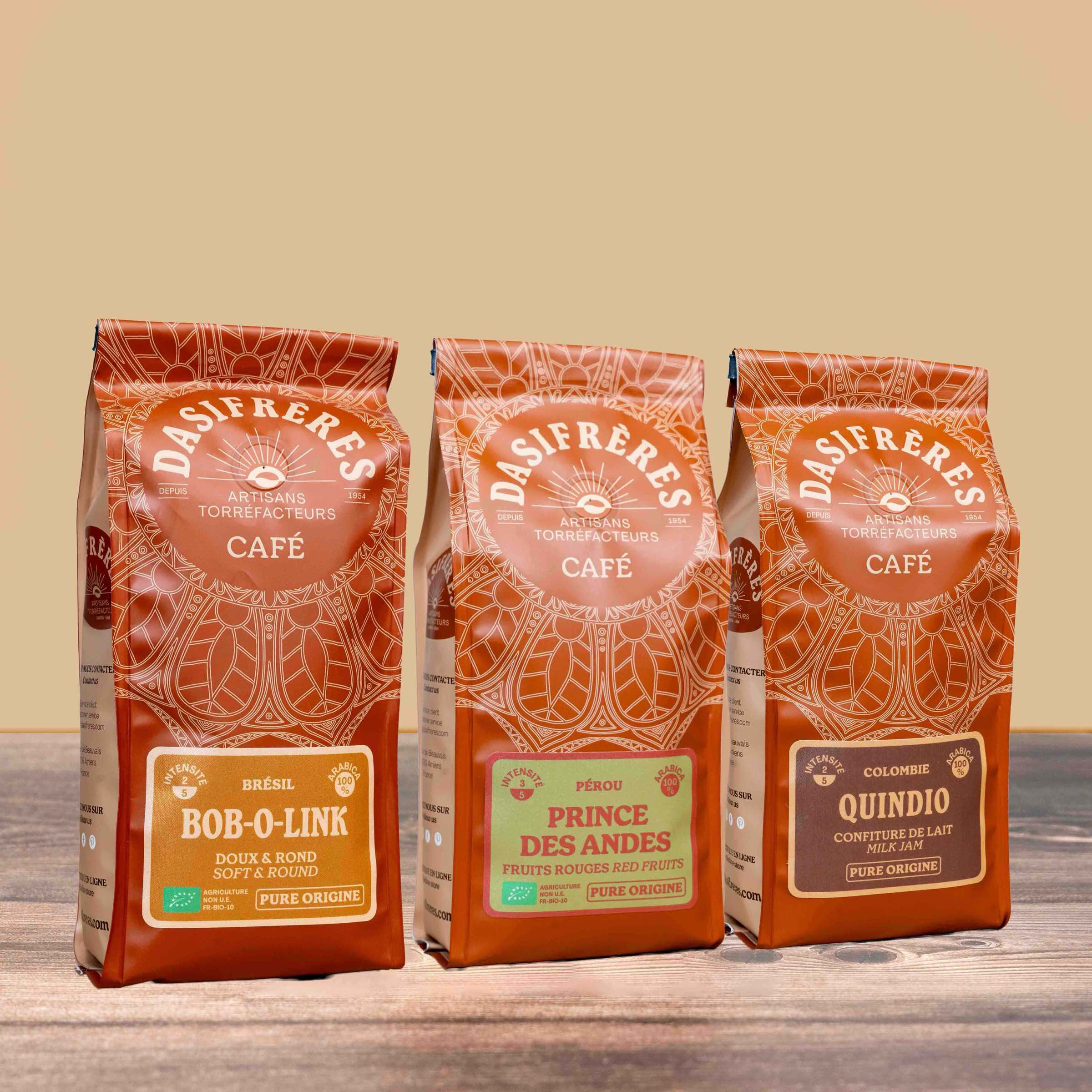 Assortiment cafés grains Terre Latine Bob-O-Link Prince des Andes Quindio pure origine 100% Arabica 250g