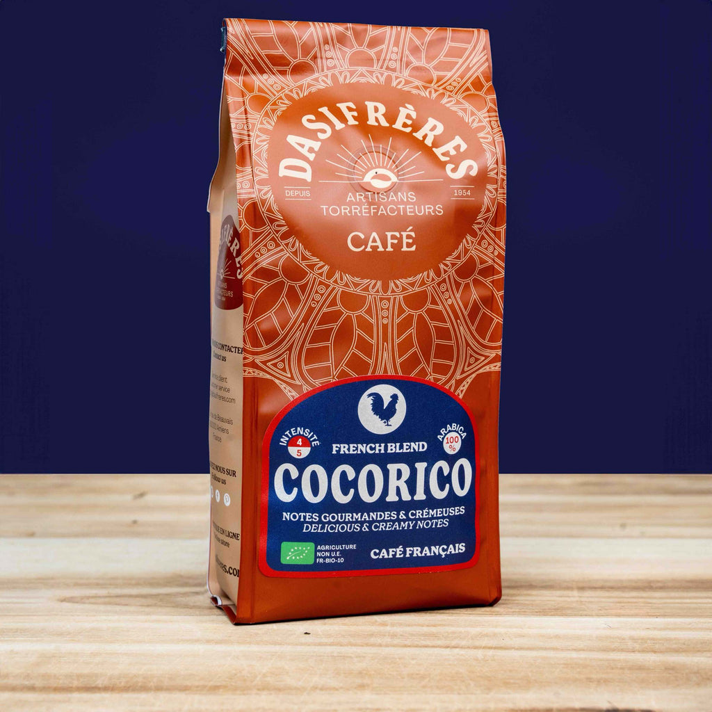 Café grains Cocorico Frend blend café français bio notes gourmandes et crémeuses 100% Arabica 250g