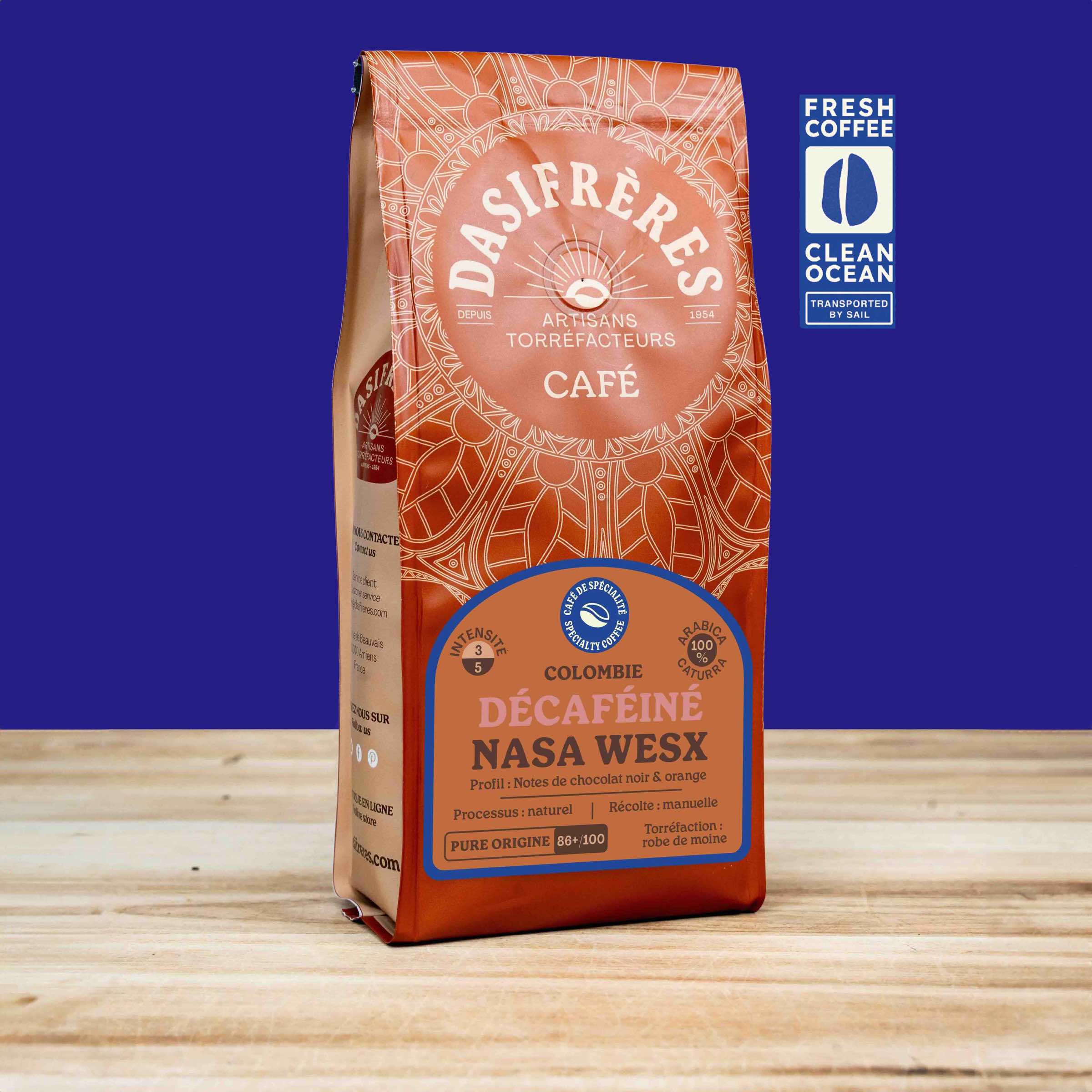 café moulu Décaféiné Colombie chocolat noir orange café de spécialité 100% Arabica 250g