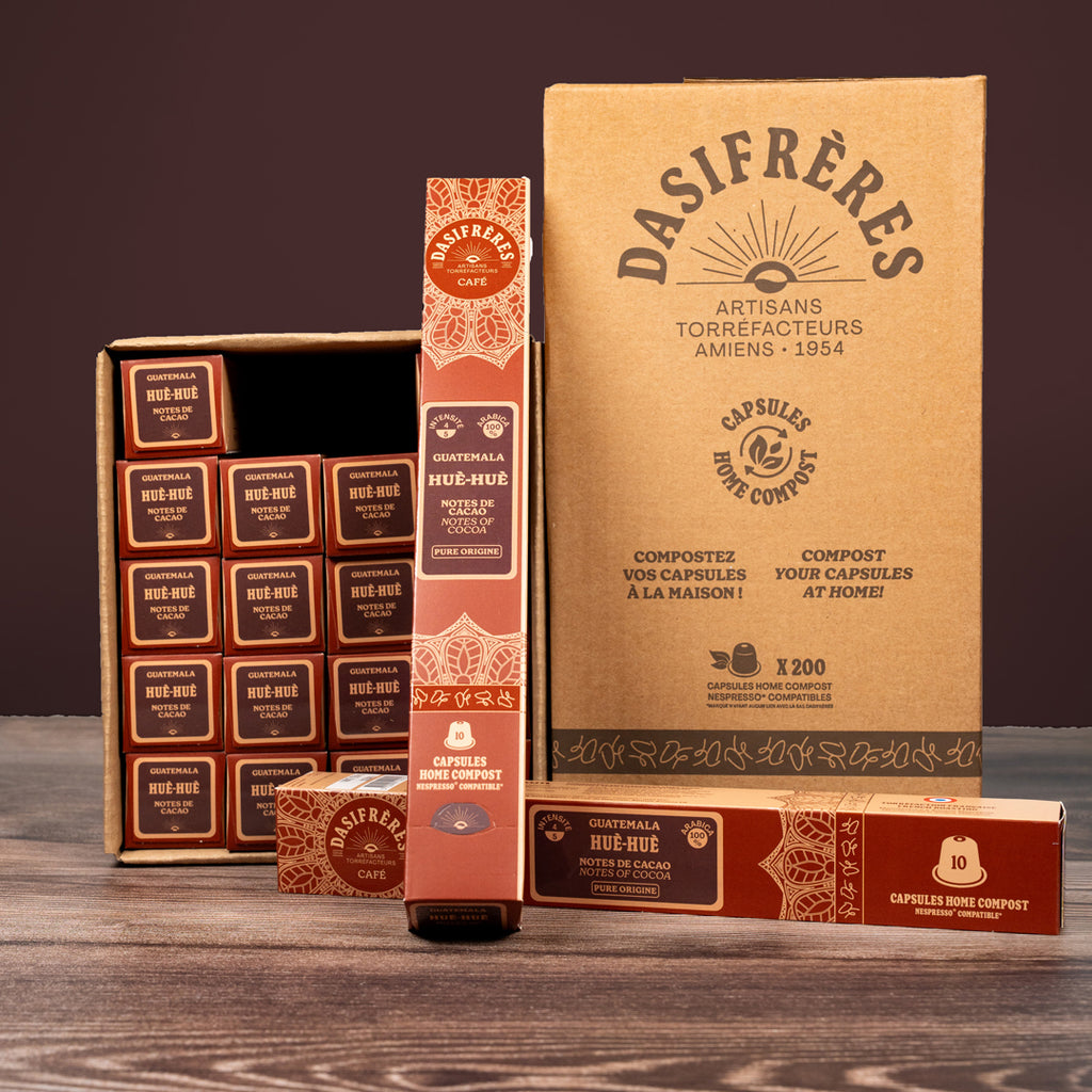 café carton capsules Huè-huè cacao pure origine 100% Arabica capsules compatibles Nespresso® home compost carton de 200 capsules