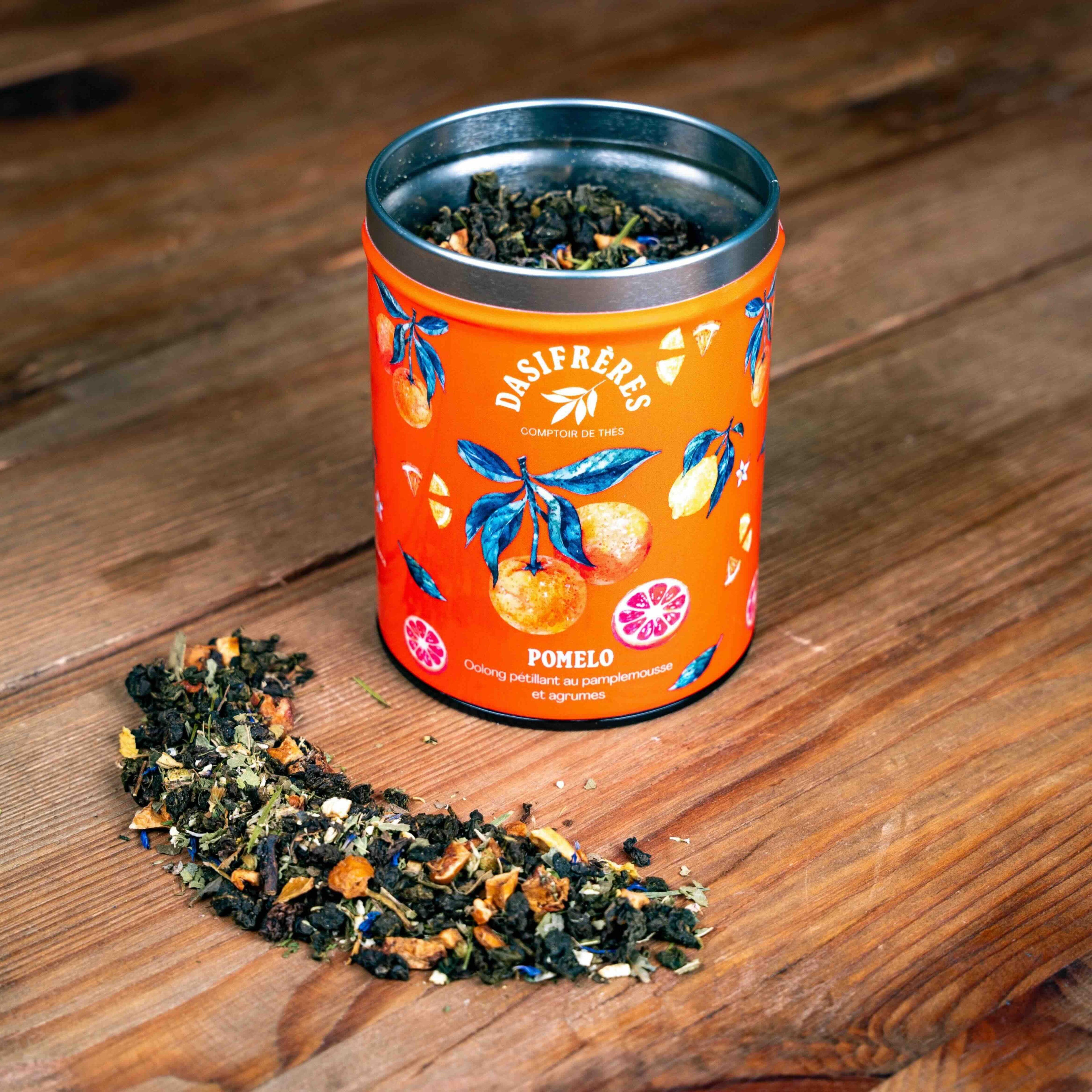 Pomelo oolong petillant pamplemousse et agrumes boîte métal 100g réutilisable double couvercle papier washi