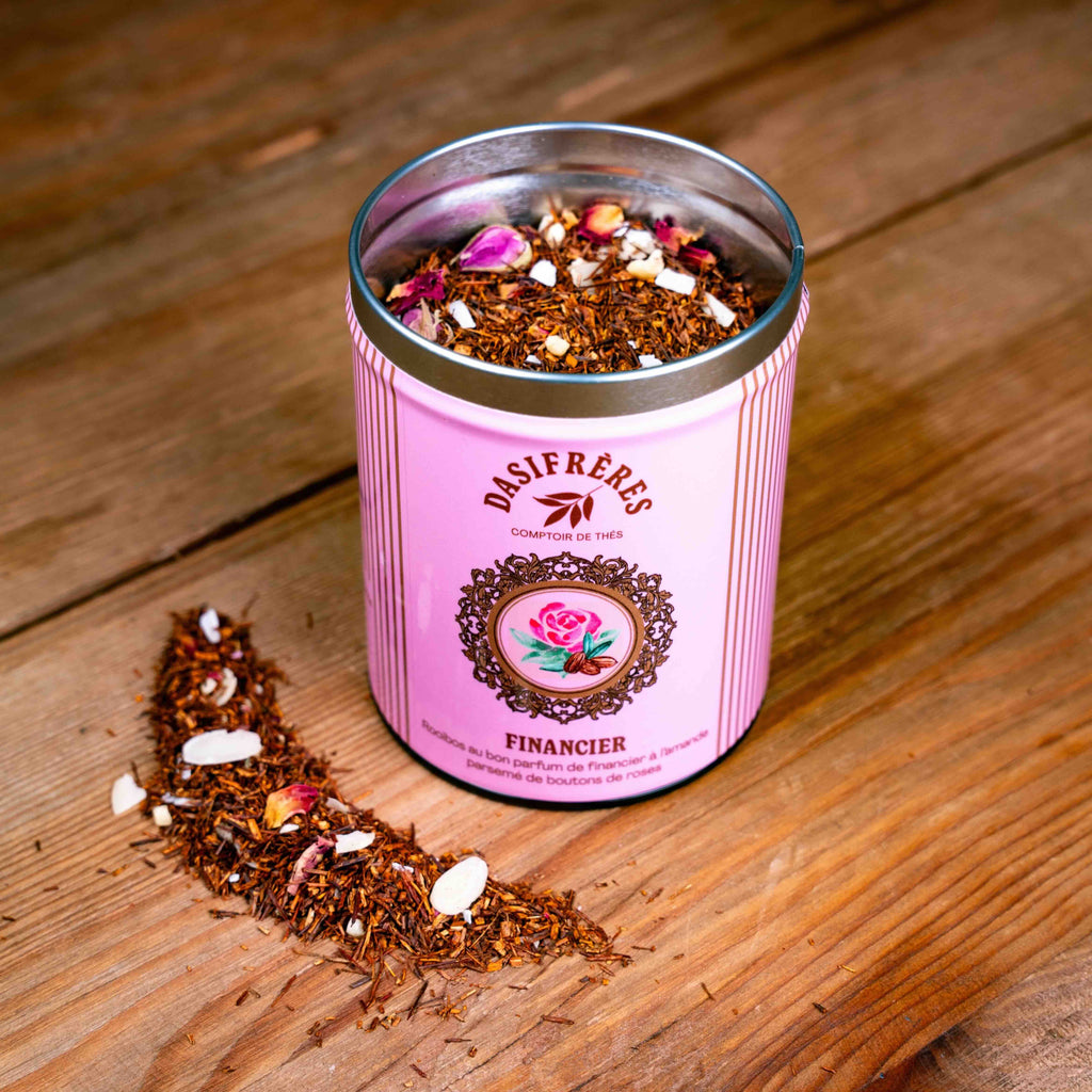 Financier rooibos amande et rose boîte métal 120g réutilisable double couvercle papier washi
