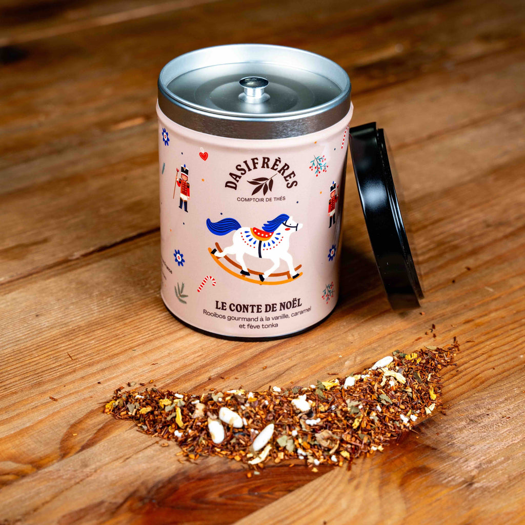 Le Conte de Noël rooibos gourmand vanille caramel et fève tonka boîte métal 100g réutilisable double couvercle papier washi