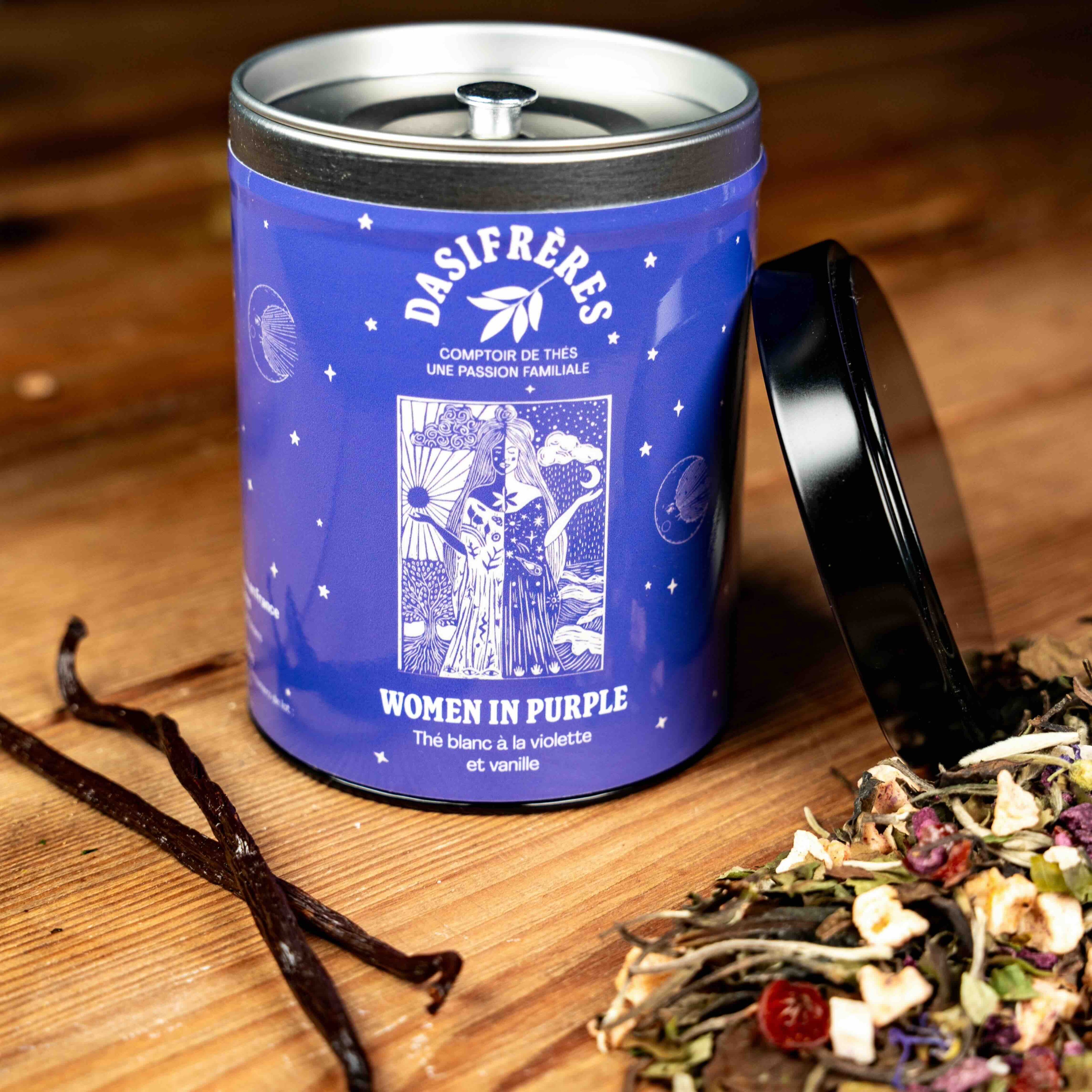 Women in Purple Thé blanc violette et vanille boite métal 80g réutilisable double couvercle papier washi