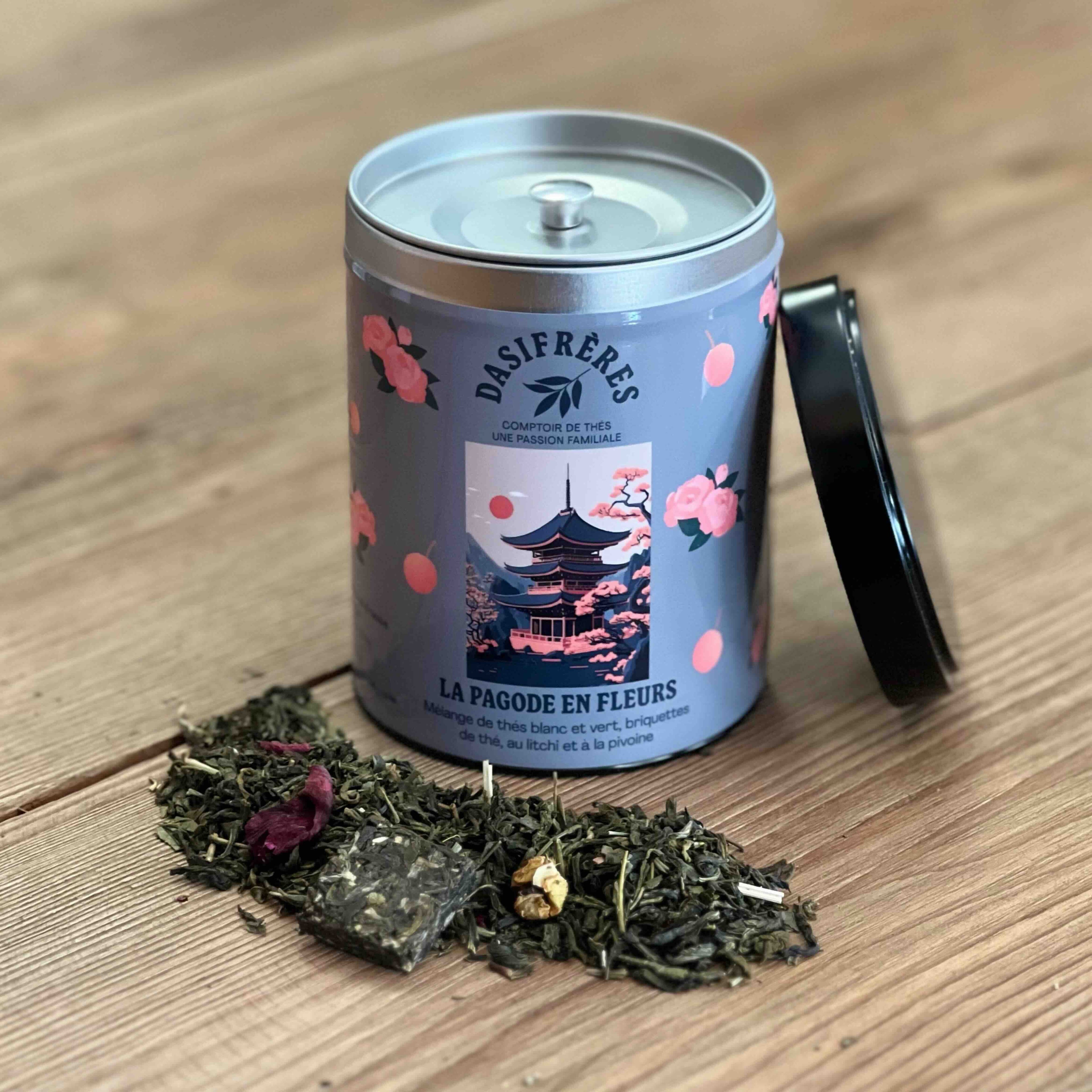 La Pagode en Fleurs mélange de thés blanc et vert litchi et pivoine boîte métal 100g réutilisable double couvercle papier washi