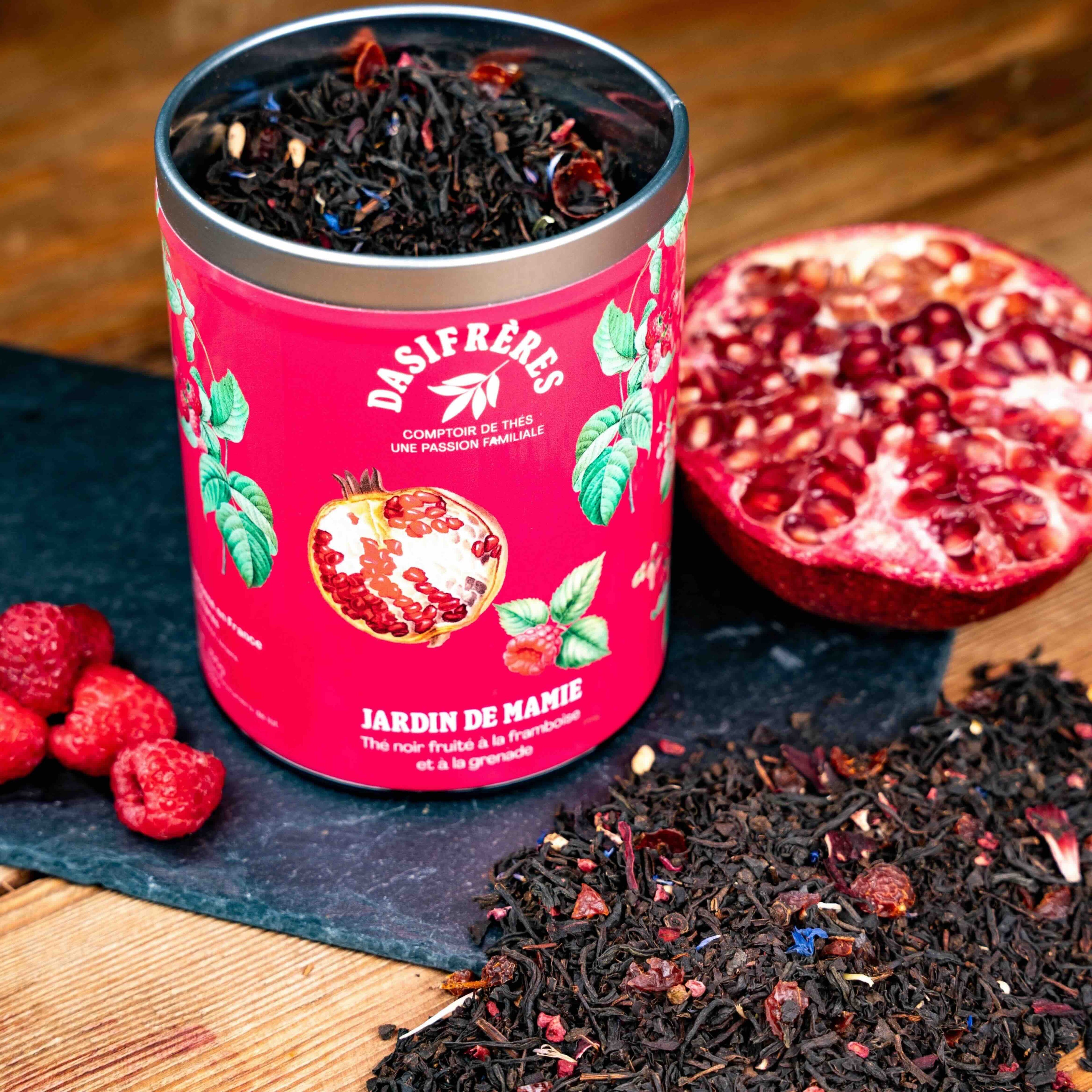 Le Jardin de Mamie thé noir fruité à la framboise et à la grenade boîte métal 100g double couvercle réutilisable papier washi