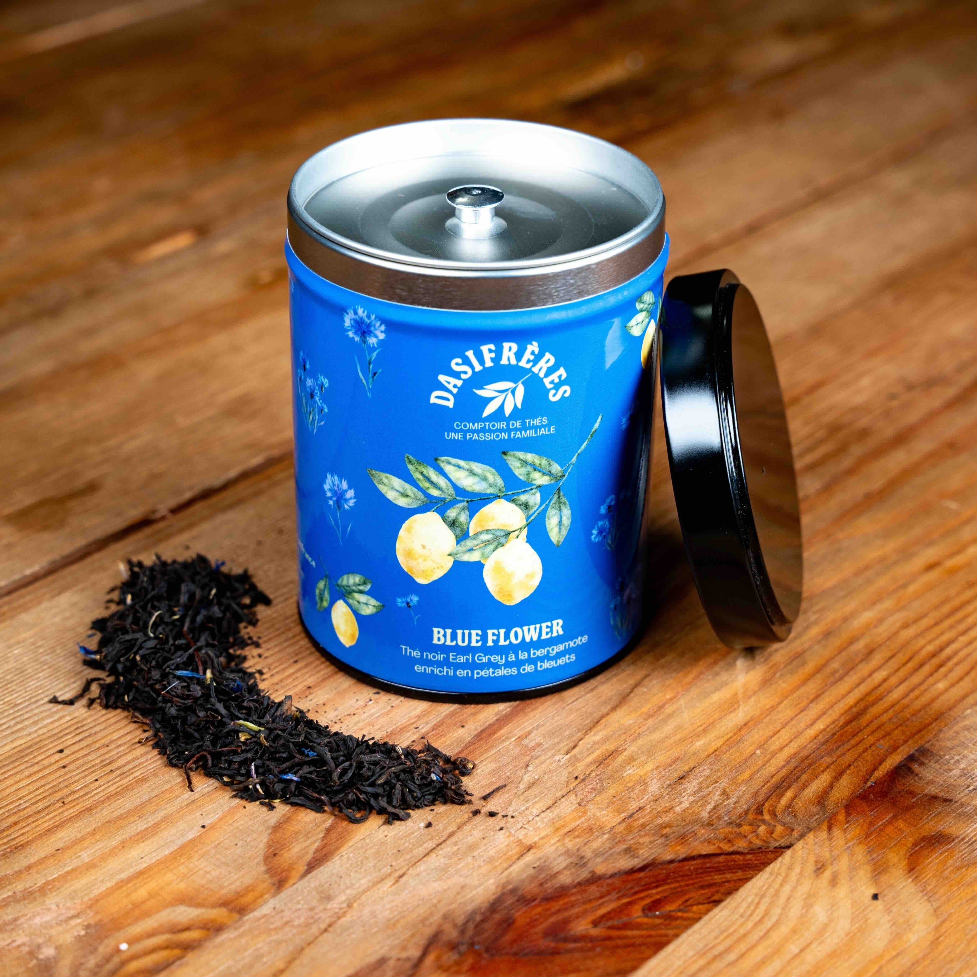 Blue flower thé noir Earl Grey à la bergamote enrichi en pétales de bleuets boîte de 100g double couvercle réutilisable papier washi