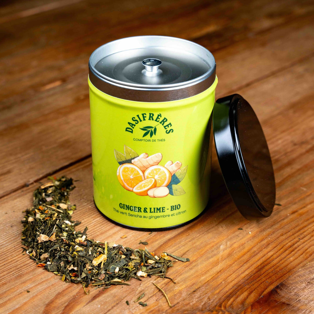 Ginger & Lime bio thé vert Sencha au gimgembre et citron boîte métal de 100g réutilisable double couvercle papier washi