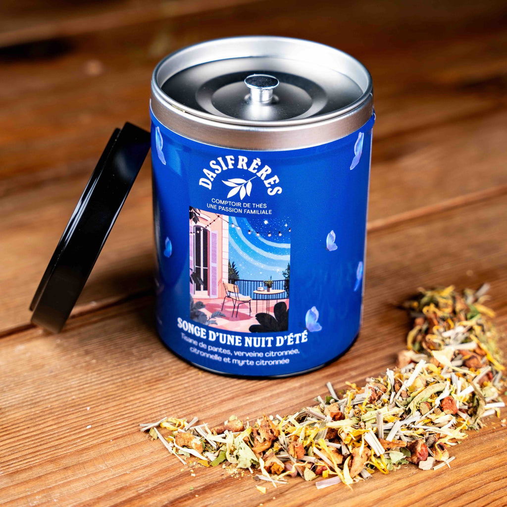 Songe d’une nuit d’été Tisane verveine citronnée et agrumes boîte métal 70g réutilisable double couvercle papier washi
