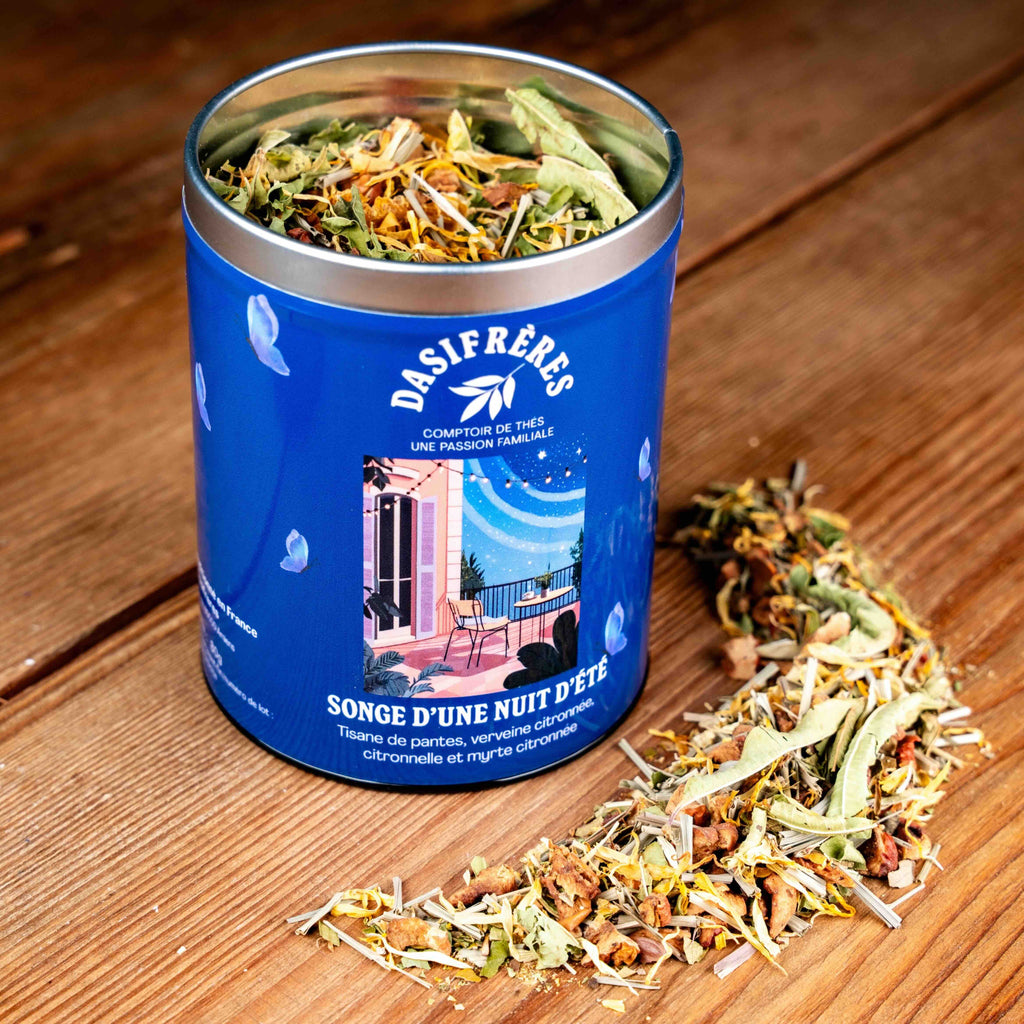 Songe d’une nuit d’été Tisane verveine citronnée et agrumes boîte métal 70g réutilisable double couvercle papier washi